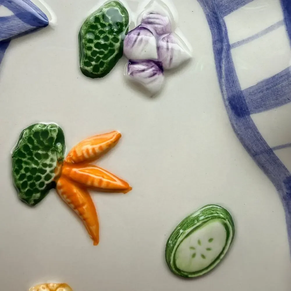 Vintage Fitz & Floyd Petits Veg Canape Vegetable Tray Blue Bow Tuscan Decor '94